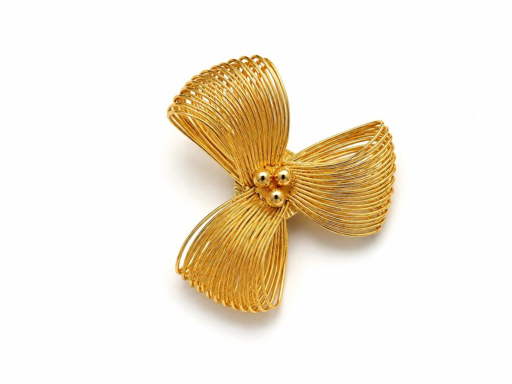 Vintage Gold Tone Wire Wrapped Bow Brooch Pin Mid Century Modern